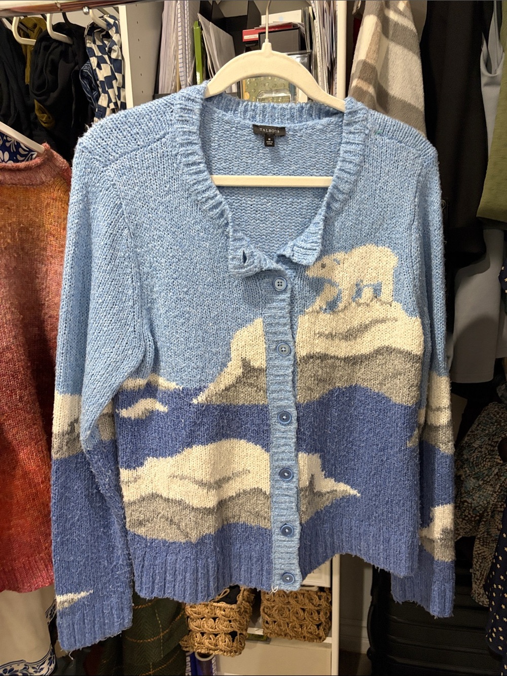 Talbots Light Blue Cream and Gray Polar Bear Intarsia Button-Front Cardigan